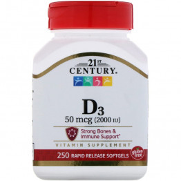 21st Century Витамин D3 50 мкг (2000 МЕ) 250 мягких капсул