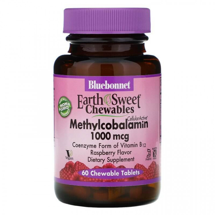 Bluebonnet Nutrition, EarthSweet, Метилкобаламин (Витамин Б12), малиновый вкус, 1000 мкг, 60 жевательных таблеток