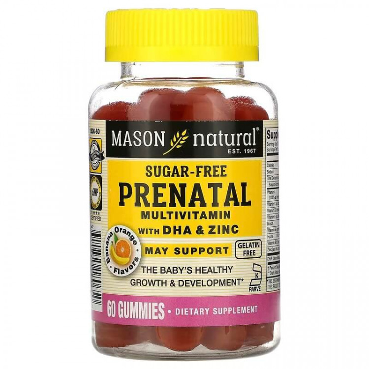 Mason Natural Мультивитамины для беременных с ДГК и цинком без сахара, банан-апельсин 60 жевательных таблеток